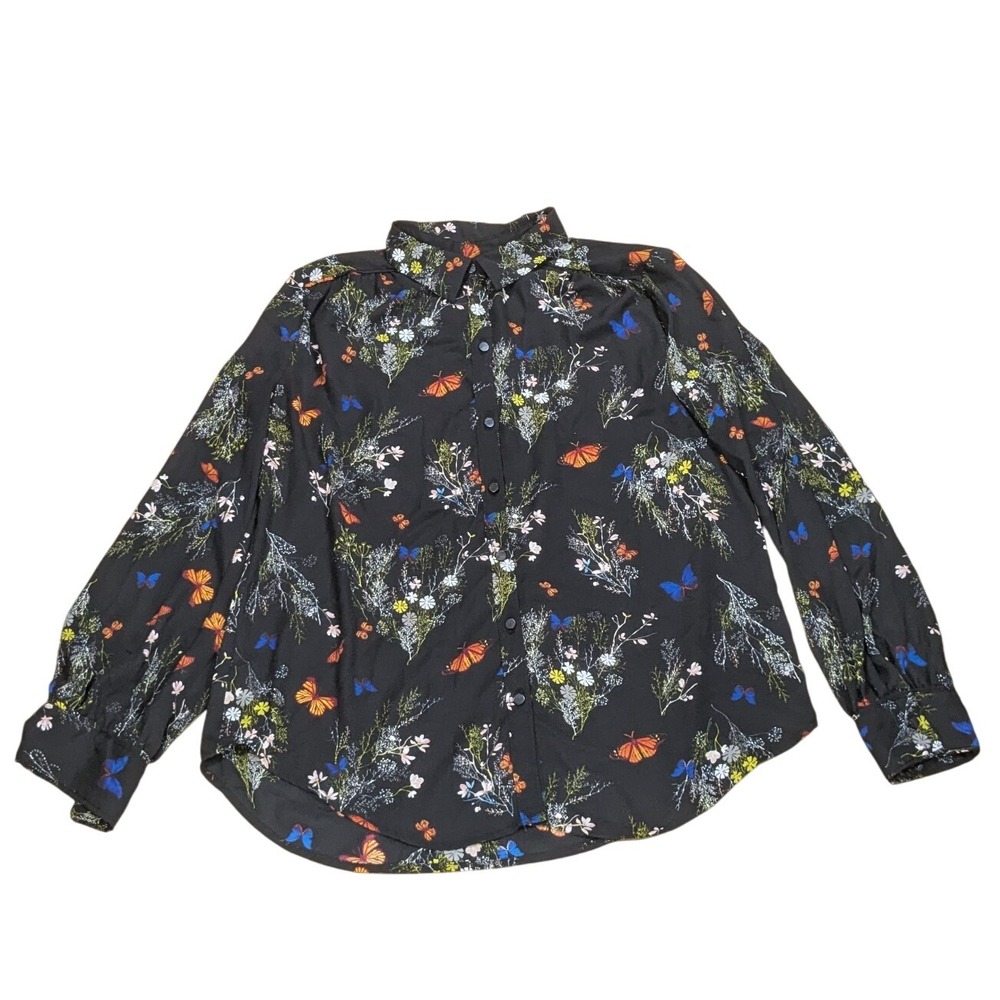 Worthington Blouse Dark Floral Butterfly‎ Fairy Button Down Shirt Women's Large